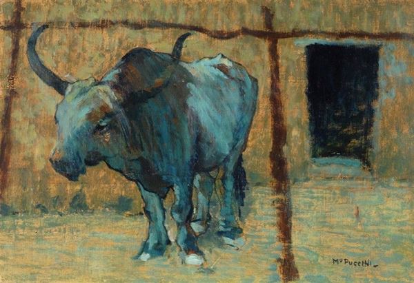 Mario Puccini : Bove  - Olio su tavola - Asta Autori del XIX e XX sec. - II - Galleria Pananti Casa d'Aste