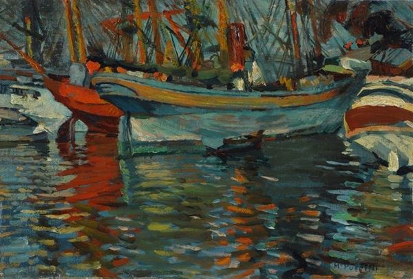 Mario Puccini : In porto  - Olio su tavola - Asta STORART - AUTORI DEL XIX E XX SEC - III - Galleria Pananti Casa d'Aste