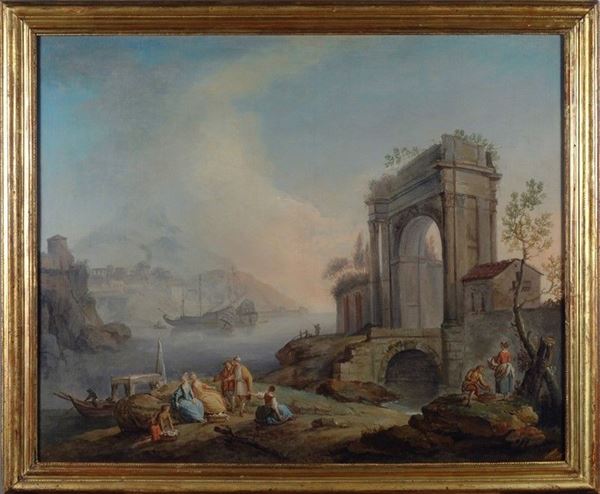 Scuola Veneta, XVIII sec. : Veduta di baia con figure e rovine  - Olio su tela - Auction Antiquariato - I - Galleria Pananti Casa d'Aste