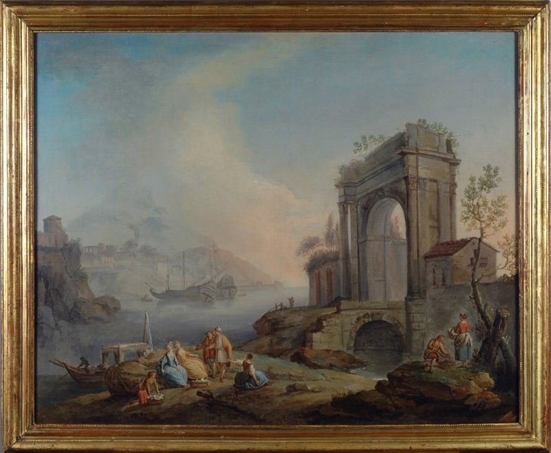Scuola Veneta, XVIII Sec. - Veduta di Baia con Figure e Rovine