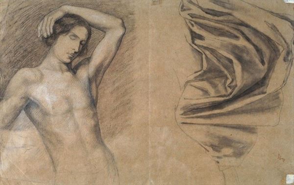 Raffaello Sernesi - Studio di figura e panneggi (fronte); studio di mani (retro)