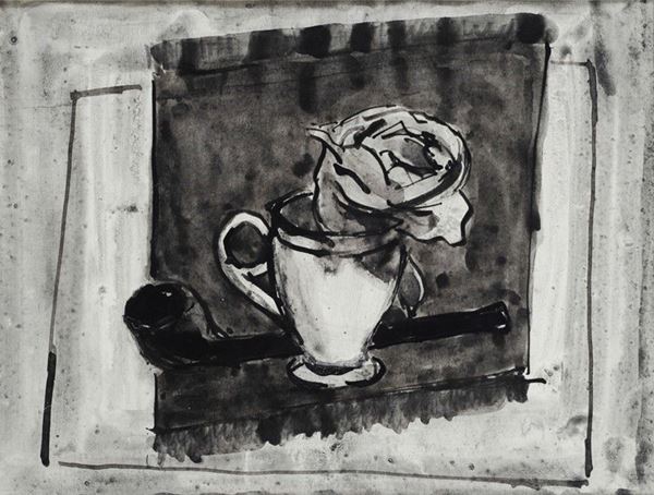 Ennio Pettenello : Rosa con pipa e tazza  - Tecnica mista su carta - Asta Arte moderna e contemporanea - III - Galleria Pananti Casa d'Aste
