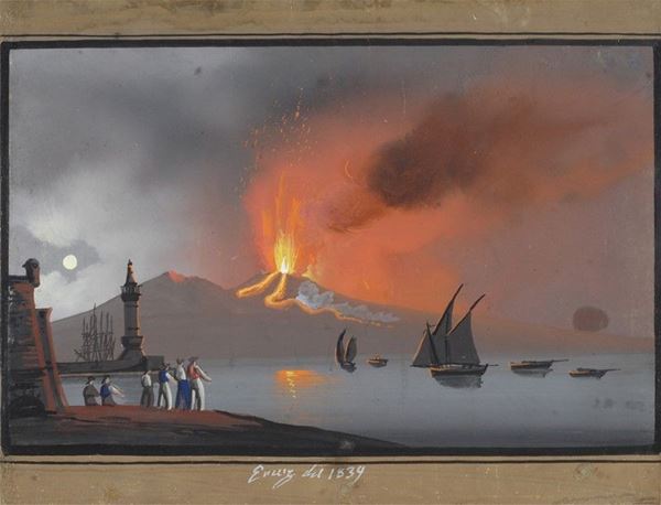 Scuola Napoletana, XIX sec. : Eruzione del Vesuvio  (1839)  - Tempera su carta - Auction Antiquariato - I - Galleria Pananti Casa d'Aste