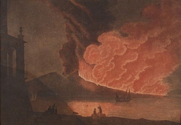 Anonimo, XIX sec. : Eruzione  - Stampa ritoccata a mano riportata su cartone - Asta AUTORI DEL XIX E XX SEC - Galleria Pananti Casa d'Aste