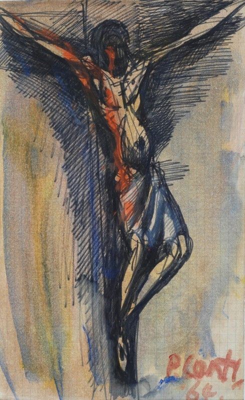 Primo Conti : Crocifisso  (1964)  - Tecnica mista su carta - Auction Arte moderna e contemporanea - III - Galleria Pananti Casa d'Aste