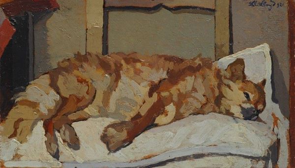Llewelyn Lloyd : Gatto  (1921)  - Olio su tavoletta - Asta Autori del XIX e XX sec. - II - Galleria Pananti Casa d'Aste