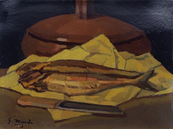 Giovanni March : Natura morta con zucca e pesci  (1968)  - Olio su cartone - Asta Autori del XIX e XX sec. - II - Galleria Pananti Casa d'Aste