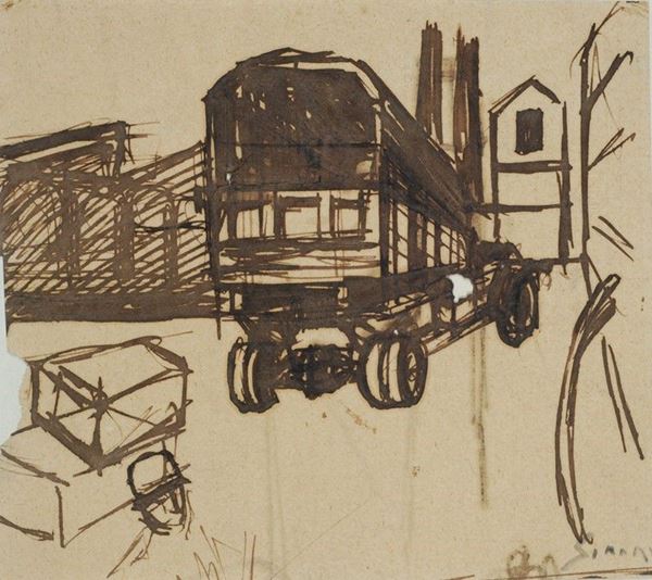 Mario Sironi : Paesaggio urbano con camion  (Anni '20)  - China su carta - Asta Arte moderna e contemporanea - III - Galleria Pananti Casa d'Aste