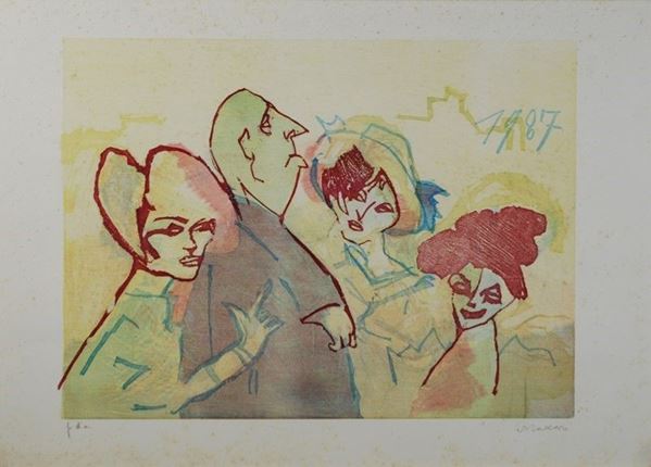 Mino Maccari : Figure  (1987)  - Linoleografia - Asta GRAFICA ED EDIZIONI - Galleria Pananti Casa d'Aste
