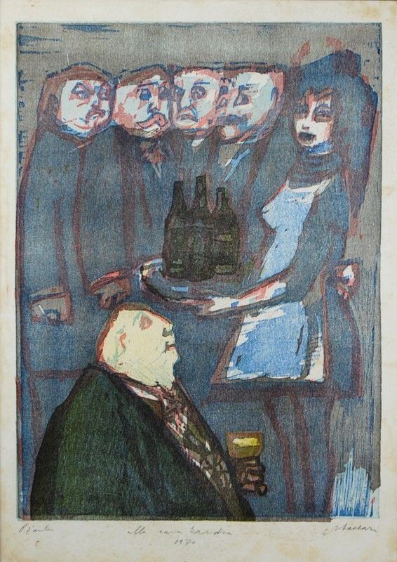 Mino Maccari : Figure al bar  (1970)  - Linoleografia   - Auction GRAFICA ED EDIZIONI - Galleria Pananti Casa d'Aste