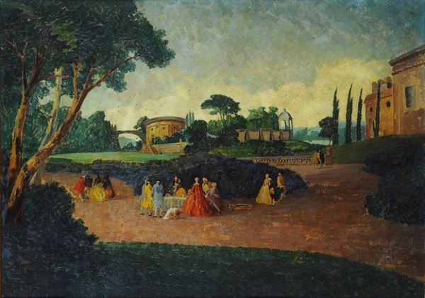 Anonimo, XX sec. : Scena di corte  - Olio su tavola - Asta AUTORI DEL XIX E XX SEC - Galleria Pananti Casa d'Aste