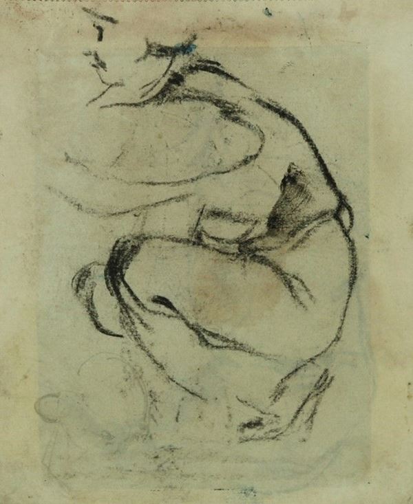 Arturo Checchi : Figura inginocchiata (fronte); Studio di cavallo (verso)  - Matita su carta - Auction ARTURO CHECCHI Disegni ed incisioni - Galleria Pananti Casa d'Aste