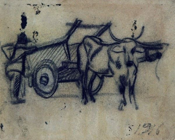 Arturo Checchi : Carro con buoi e fugura  (1916)  - Matita su carta - Auction ARTURO CHECCHI Disegni ed incisioni - Galleria Pananti Casa d'Aste