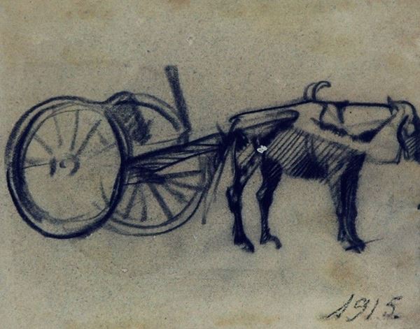 Arturo Checchi : Cavallo con carretto  (1915)  - Matita su carta - Asta ARTURO CHECCHI Disegni ed incisioni - Galleria Pananti Casa d'Aste