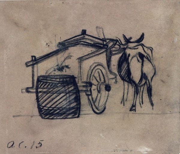 Arturo Checchi : Carro con bue e barile  (1915)  - Matita su carta - Asta ARTURO CHECCHI Disegni ed incisioni - Galleria Pananti Casa d'Aste