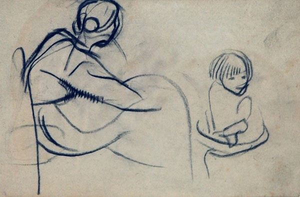 Arturo Checchi : Donna con bambino  - Matita su carta - Asta ARTURO CHECCHI Disegni ed incisioni - Galleria Pananti Casa d'Aste