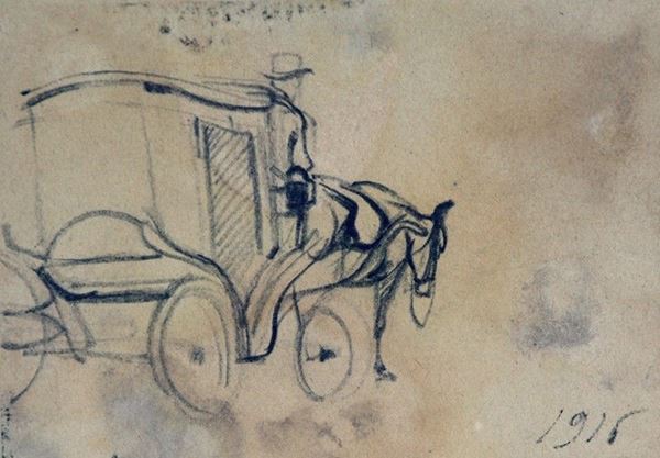 Arturo Checchi : Carrozza  (1916)  - Matita su carta - Asta ARTURO CHECCHI Disegni ed incisioni - Galleria Pananti Casa d'Aste
