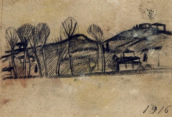 Arturo Checchi : Paesaggio  (1916)  - Matita su carta - Asta ARTURO CHECCHI Disegni ed incisioni - Galleria Pananti Casa d'Aste