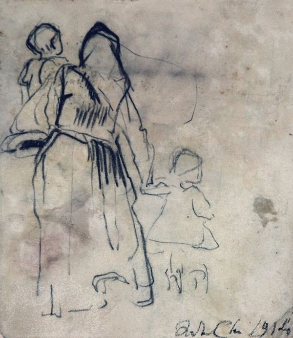 Arturo Checchi : Contadina con figli  (1914)  - Matita su carta - Asta ARTURO CHECCHI Disegni ed incisioni - Galleria Pananti Casa d'Aste
