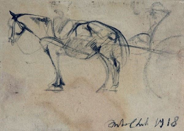 Arturo Checchi : Cavallo con carro  (1918)  - Matita su carta - Asta ARTURO CHECCHI Disegni ed incisioni - Galleria Pananti Casa d'Aste
