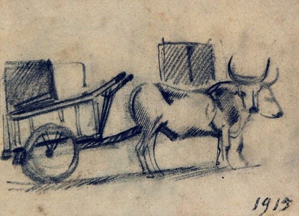 Arturo Checchi : Carro con buoi  (1915)  - Matita su carta - Asta ARTURO CHECCHI Disegni ed incisioni - Galleria Pananti Casa d'Aste