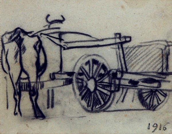 Arturo Checchi : Carro  (1916)  - Matita su carta - Asta ARTURO CHECCHI Disegni ed incisioni - Galleria Pananti Casa d'Aste