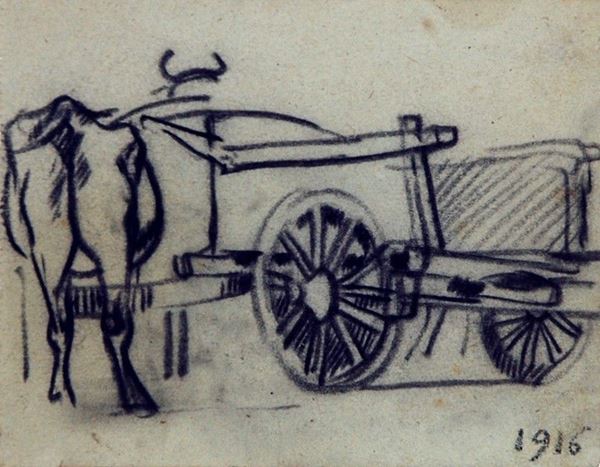 Arturo Checchi : Carro  (1916)  - Matita su carta - Auction ARTURO CHECCHI Disegni ed incisioni - Galleria Pananti Casa d'Aste