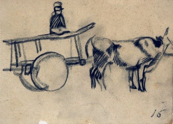 Arturo Checchi : Carro con buoi  (1916)  - Matita su carta - Asta ARTURO CHECCHI Disegni ed incisioni - Galleria Pananti Casa d'Aste