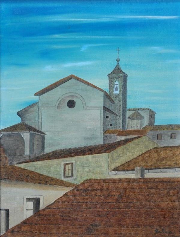 Anonimo, XX sec. : Scorcio di tetti e chiesa  - Auction FURNISHINGS AND OBJECTS - Galleria Pananti Casa d'Aste