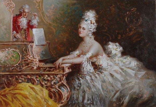 Juan Pablo Salinas Teruel : Donna alla spinetta  - Olio su legno - Auction STORART - AUTORI DEL XIX E XX SEC - III - Galleria Pananti Casa d'Aste