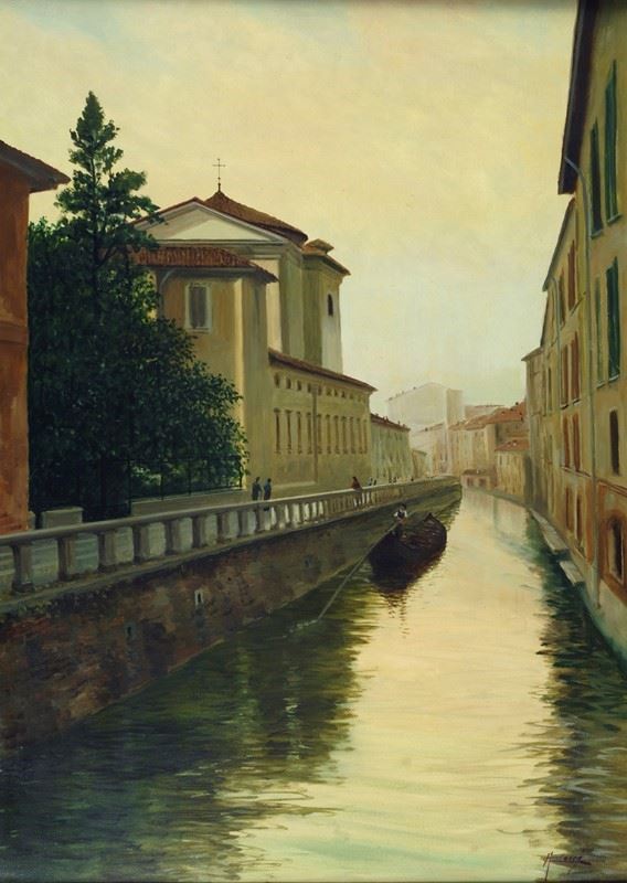 Anonimo, XIX - XX sec. : Caseggiati sul canale  - Auction AUTORI DEL XIX E XX SEC - II - Galleria Pananti Casa d'Aste