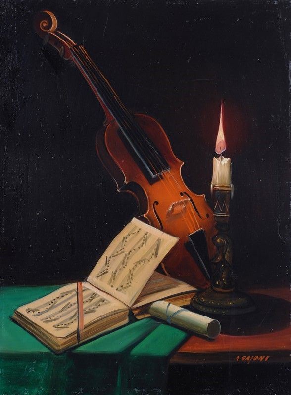 Adriano Gajoni - Natura morta con violino, spartito e candela