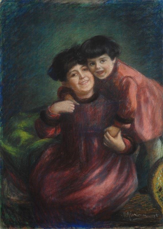 Anonimo, XX sec. : Two children  (1918)  - Pastels on paper transferred to canvas - Auction AUTHORS OF XIX AND XX CENTURY - Galleria Pananti Casa d'Aste