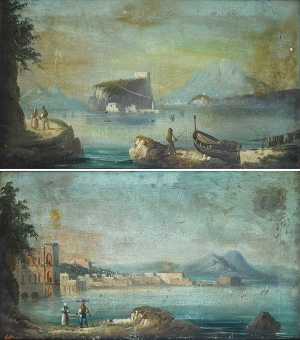 Anonimo, XIX sec. - Coppia di paesaggi con vedute del golfo di Napoli