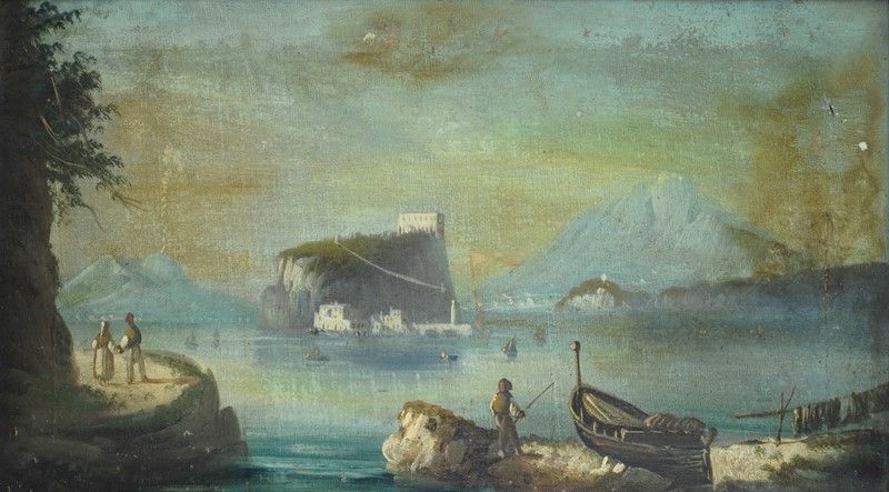 Anonimo, XIX Sec. - Coppia di Paesaggi con Vedute del Golfo di Napoli