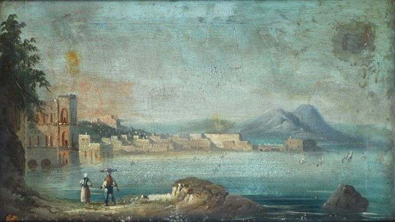 Anonimo, XIX Sec. - Coppia di Paesaggi con Vedute del Golfo di Napoli
