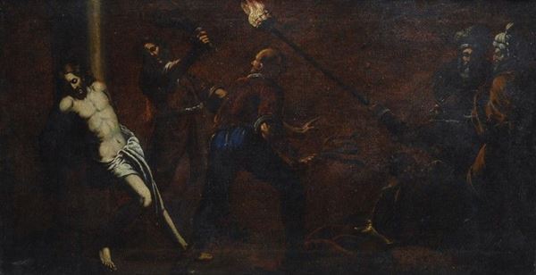 Scuola Italia Meridionale, XVII - XVIII sec. : Flagellazione  - Olio su tela - Asta STORART - GIOIELLI, ANTIQUARIATO - I - Galleria Pananti Casa d'Aste