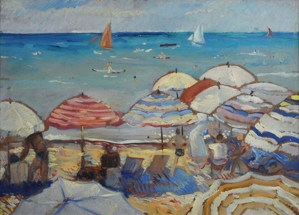 Bernardino Palazzi : Spiaggia a Viareggio  (1934)  - Olio su cartone - Asta STORART - AUTORI DEL XIX E XX SEC - III - Galleria Pananti Casa d'Aste