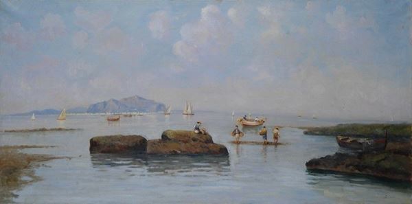 Erminio Kremp : Marina con pescatori  (1891)  - Olio su tela - Asta STORART - AUTORI DEL XIX E XX SEC - III - Galleria Pananti Casa d'Aste