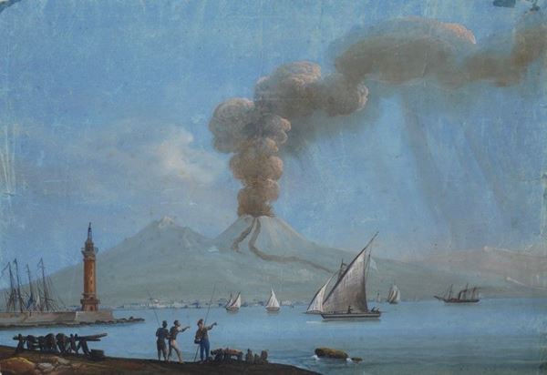 Camillo De Vito : Eruzione del Vesuvio  - Tempera su carta - Asta ASTA FUORI ASTA - Gioielli, Disegni e dipinti antichi, del XIX sec, del XX sec. e Contemporanei - Galleria Pananti Casa d'Aste