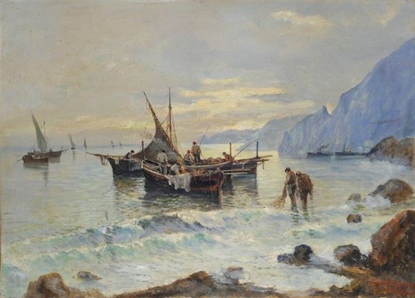 Fausto Pratella : Pescatori a Capri  (1924)  - Olio su tela - Asta STORART - AUTORI DEL XIX E XX SEC - III - Galleria Pananti Casa d'Aste