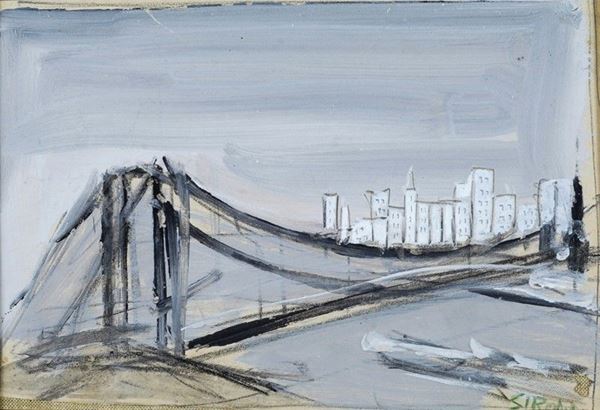 Mario Sironi : Paesaggio con ponte e case  ((1929))  - Tempera e matita su carta riportata su tela - Asta STORART - ARTE MODERNA E CONTEMPORANEA - IV - Galleria Pananti Casa d'Aste