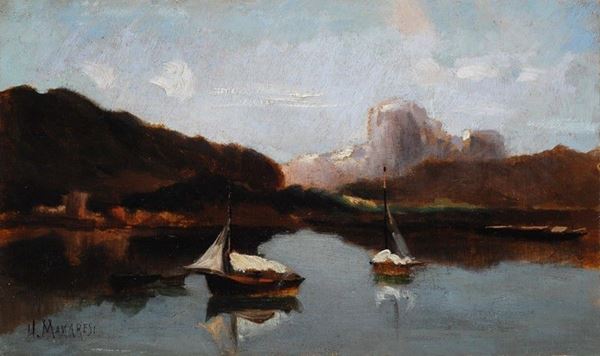 Ugo Manaresi : Paesaggio lacustre con barche  - Olio su tavola - Auction STORART - AUTORI DEL XIX E XX SEC - III - Galleria Pananti Casa d'Aste