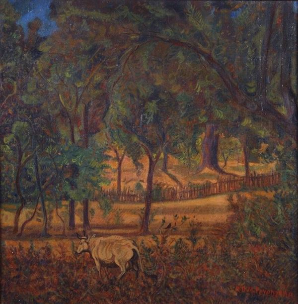 Raoul Dal Molin Ferenzona : Paesaggio con bovino  ((1910-1915))  - Olio su tela - Asta STORART - AUTORI DEL XIX E XX SEC - III - Galleria Pananti Casa d'Aste