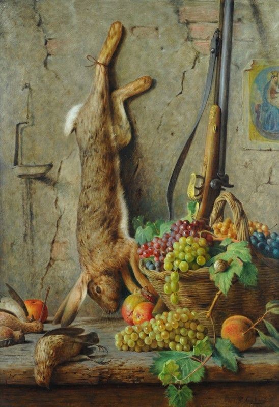 Giovanni Sandrucci : Natura morta con lepre e frutta  - Olio su tela - Asta AUTORI DEL XIX E XX SEC - Galleria Pananti Casa d'Aste