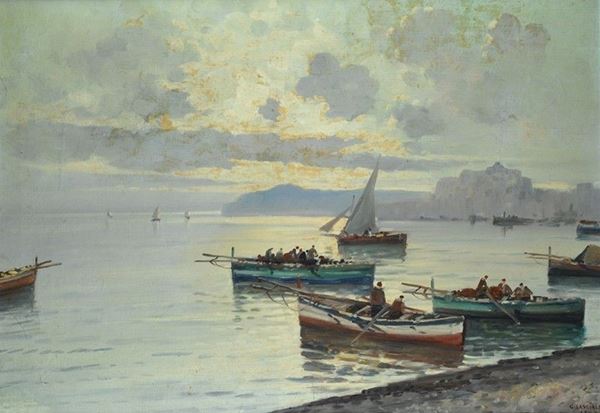 Guido Lascialfari : Barche con pescatori  (1947)  - Olio su tela - Asta STORART - UNA PREZIOSA COLLEZIONE TOSCANA - II - Galleria Pananti Casa d'Aste