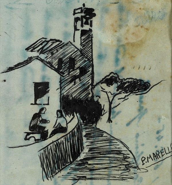 Anonimo, XX sec. : Strada con case   (1946)  - Inchiostro su carta - Auction UNA PREZIOSA COLLEZIONE TOSCANA - Galleria Pananti Casa d'Aste