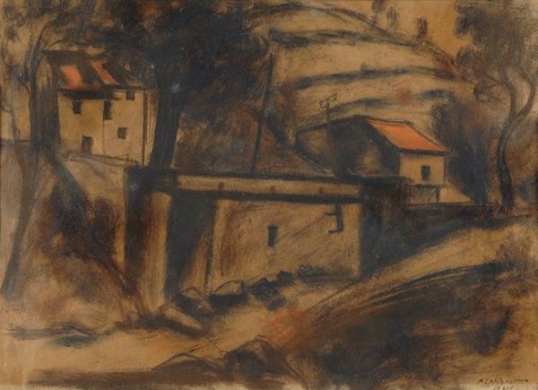 Alberto Caligiani : Paesaggio  (1960)  - Carboncino su carta - Asta UNA PREZIOSA COLLEZIONE TOSCANA - Galleria Pananti Casa d'Aste