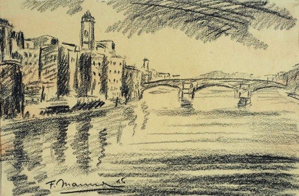 F. Manna : Ponte Santa Trinita  - Carboncino su carta - Asta UNA PREZIOSA COLLEZIONE TOSCANA - Galleria Pananti Casa d'Aste