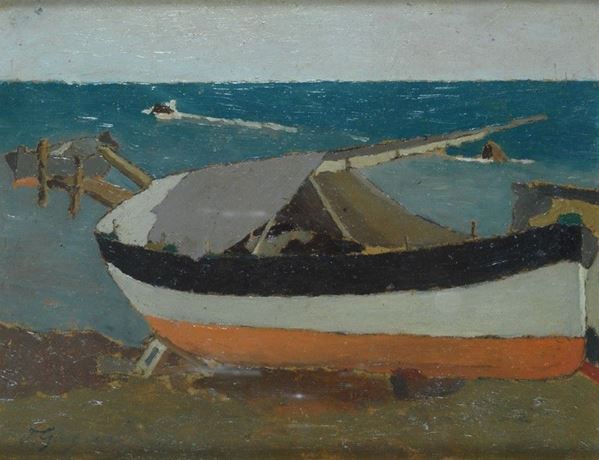 Oscar Ghiglia : Barca in secca  ((1915-16))  - Olio su cartone - Asta STORART - UNA PREZIOSA COLLEZIONE TOSCANA - II - Galleria Pananti Casa d'Aste